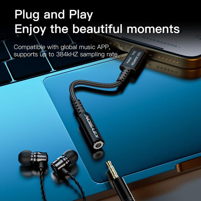 KEYSION Aanpassen EQ Type-C naar 3.5mm USB DAC Audio HiFi Decoder 32bit/384kHz ADC 48kHz HD Hoofdtelefoonversterker voor Android iOS Win10 zwart