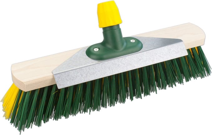 Houten harde straatbezem - buitenbezem met aluminium schraper - elaston - groen/geel - 40 cm