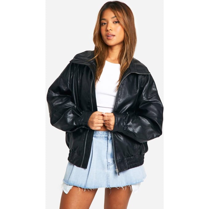 boohoo Dames Petite PU Naad Detail Oversized Bomberjack | Zwart | Maat: 40