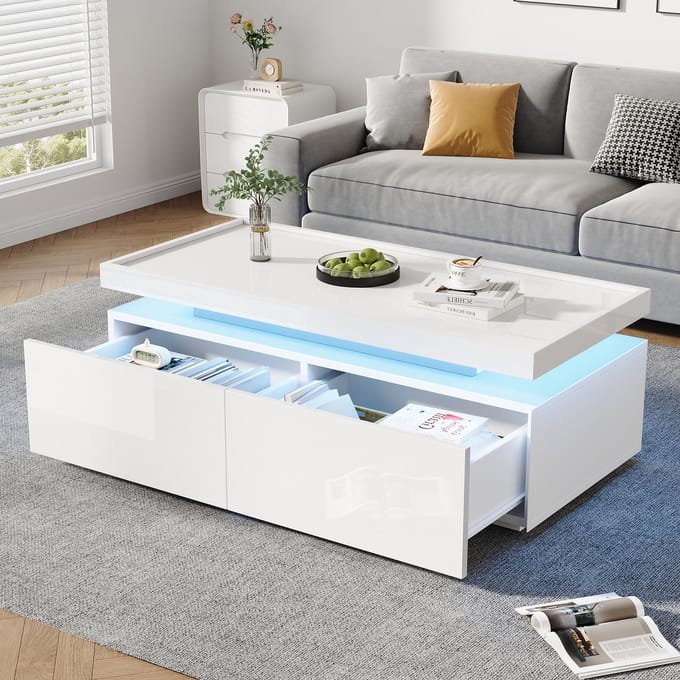 Salontafel - 95x45x35cm - LED Salontafel 2 Lades Modern Design - Opbergruimte - Hoogglans - Wit