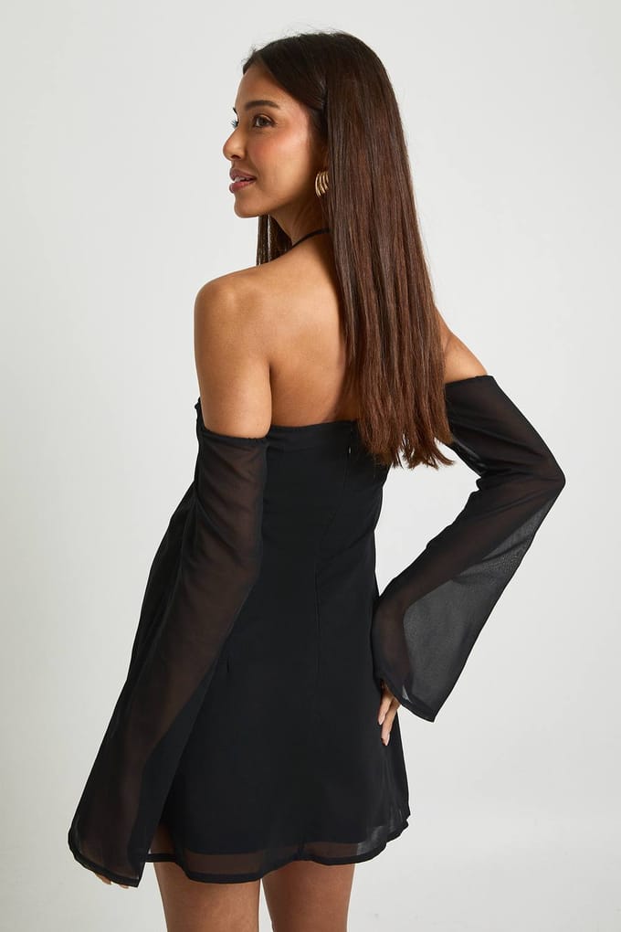 boohoo Dames Chiffon minijurk met lange mouwen | Black | Maat: 16