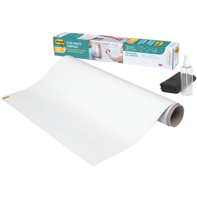 Whiteboardfolie Post-it® Flex Write Surface, zelfklevend, beschrijfbaar, microvezeldoek & sprayflacon, 1 vel op rol, B 609 x H 914 mm, wit
