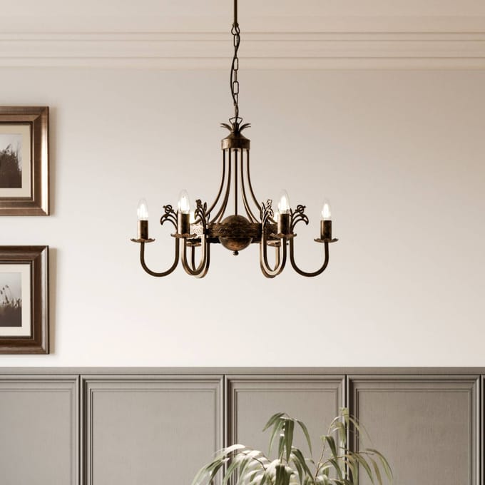Jupiter Kroonluchter Castle donker met de hand gepatineerd 6-lamps