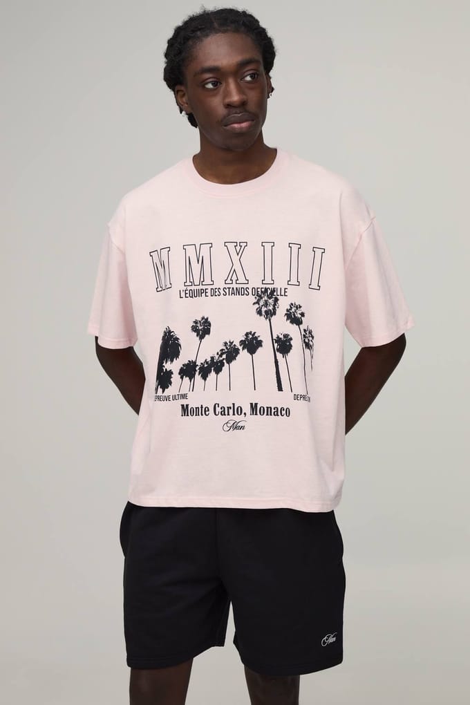 Oversized Boxy Bedrukt T-shirt & Short Set | Pink | Size Medium