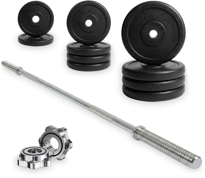 VirtuFit Rubberen Halterset - 40 kg - Volledige set - Incl. Halterstang, Halterschijven en Veerclipsluitingen