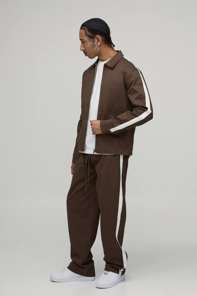 Twill Contrast Tape Regular Zip Up Overshirt & Relaxed Chino Set | Chocolate | Size Small