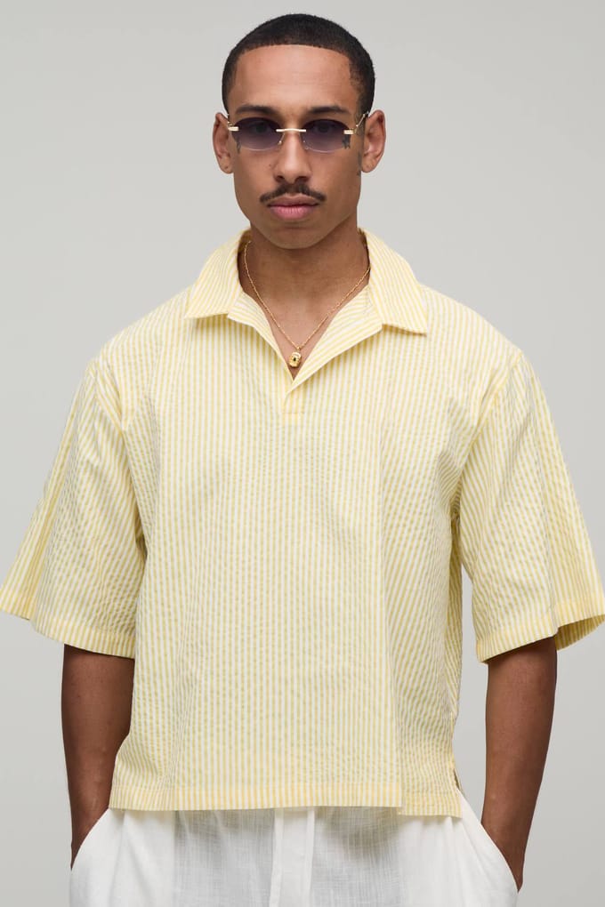 Oversized Korte Mouw Poplin Gestreept Poloshirt | Yellow | Size Large