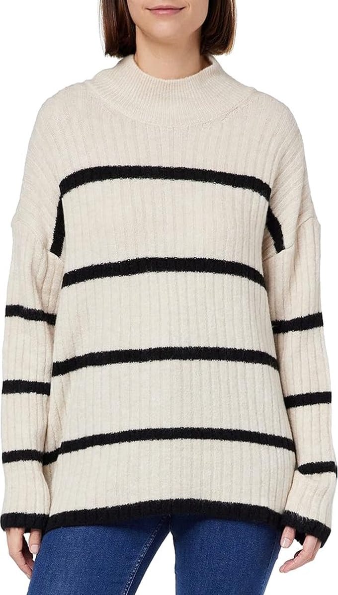 Only - Trui voor dames - Hoge kraag - Gestreept - Beige/zwart