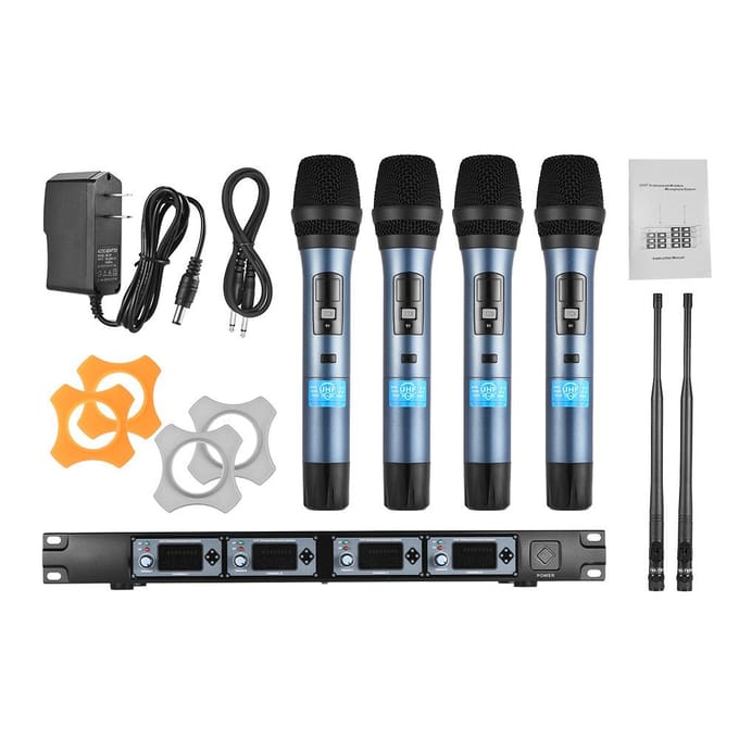 4D Professioneel 4-kanaals UHF draadloos handmicrofoonsysteem 4 microfoons 1 draadloze ontvanger US Plug blauw