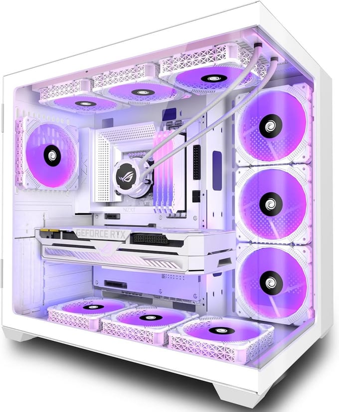 Mid Tower PC Behuizing Wit met Panoramisch Dubbel Gehard Glas - Ruimte voor 10 Ventilatoren
