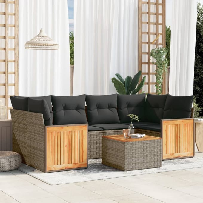 vidaXL - 7-delige - Loungeset - met - kussens - poly - rattan - grijs