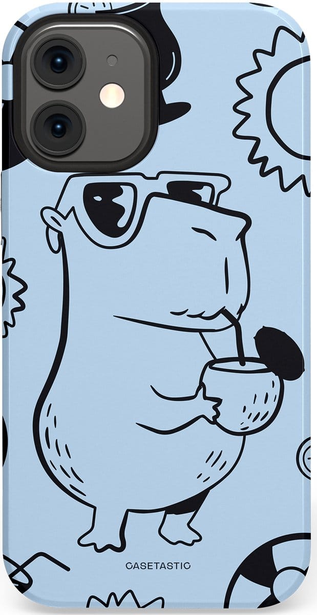 Casetastic hoesje geschikt voor Apple iPhone 12 Mini - Dubbellaagse bescherming - Capibara cocktail - Fashion Case - Lichtgrijs Zwart Lichtblauw