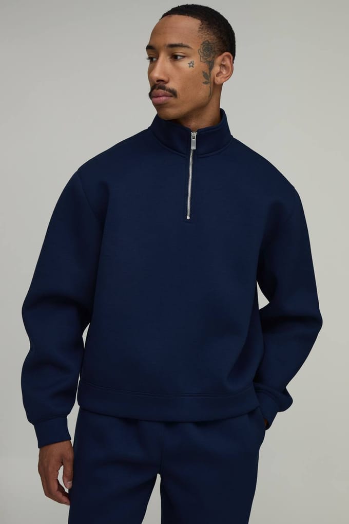 Oversized Boxy Sweatshirt Met 1/4 Rits En Hoge Kraag In Scuba Kwaliteit | Navy | Size Medium