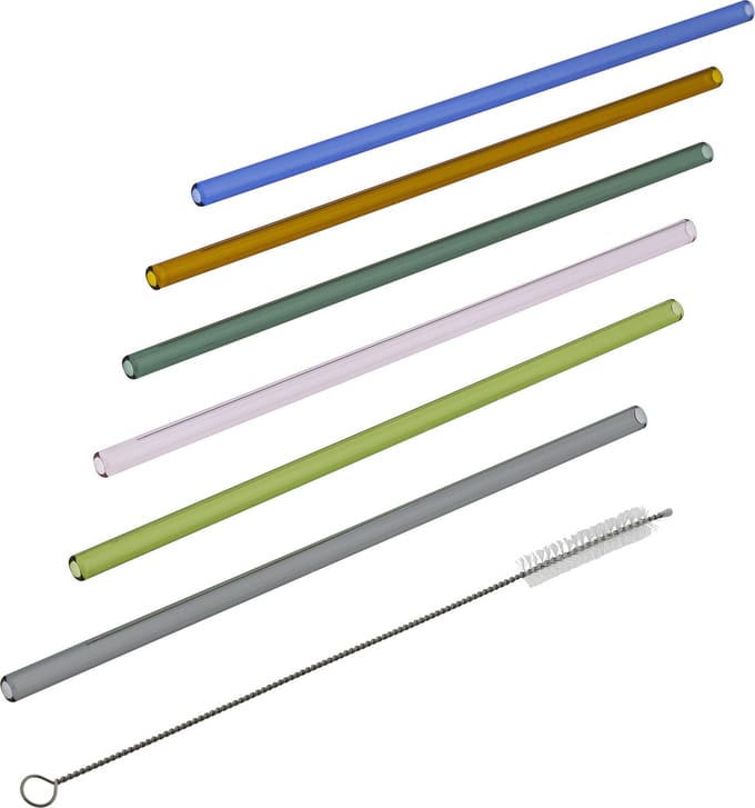HI rietjes recht - set 6x - glas - met rager - gekleurd - 23 cm