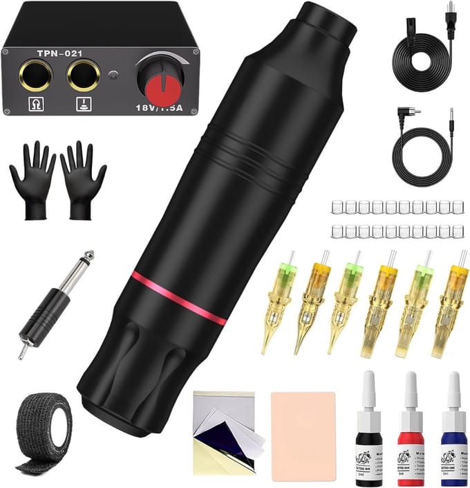 Thuys – Tattoo Machine – Met Accessoires – Tattoo Kit Draadloos – Zwart Met Rode Accenten