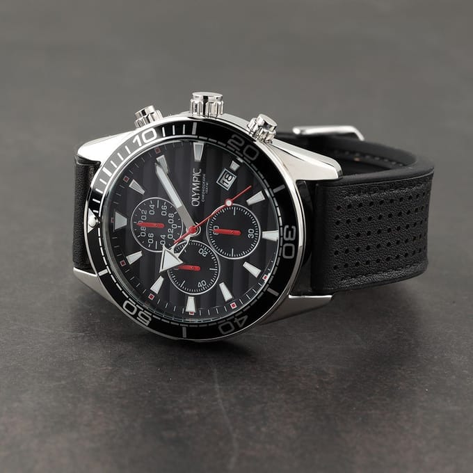 Olympic OL72HSL074 ADAM Horloge - Staal - Leer - Zwart