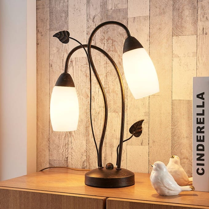 Lindby - Tafellamp - 2lichts - Glas, metaal - H: 40 cm - E14 - wit, geborsteld zwartgoud