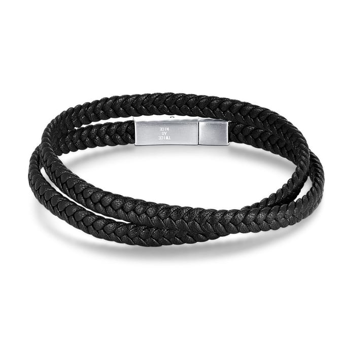 Twice As Nice Armband in edelstaal, dubbel zwart leer 21cm