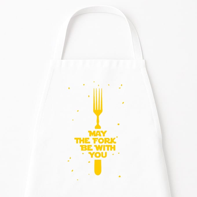 Go Mama - Keukenschort “May the fork be with you” – Grappig kookschort – One Size – Verstelbaar – Wit – Humor cadeau – Origineel kerst- of sinterklaascadeau