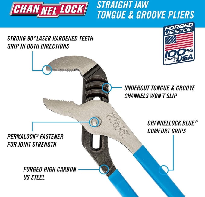 12" Straight Jaw Tongue and Groove Plier - Heavy Duty Tool for Professionals