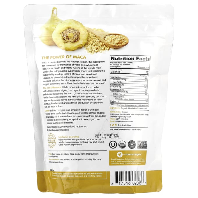 Zint, Maca, Biologisch Gelatiniseerd Poeder, 16 oz (454 gr)