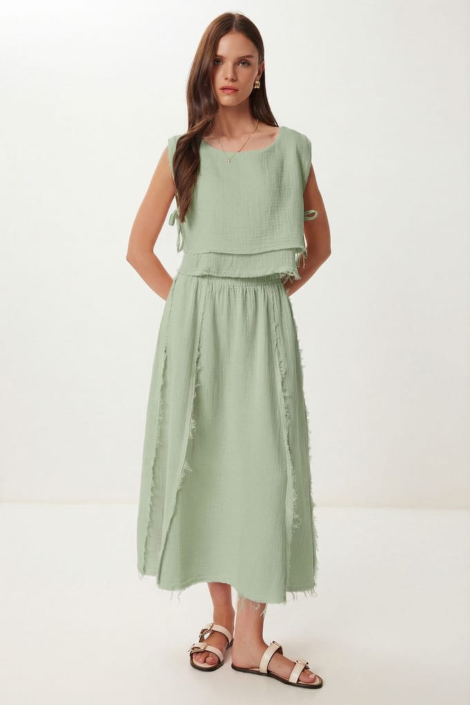 Katoenen Mouwloze Blouse en Wijde Rok Set