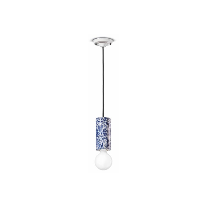 Ferroluce PI hanglamp, bloemenpatroon Ø 8 cm blauw/wit