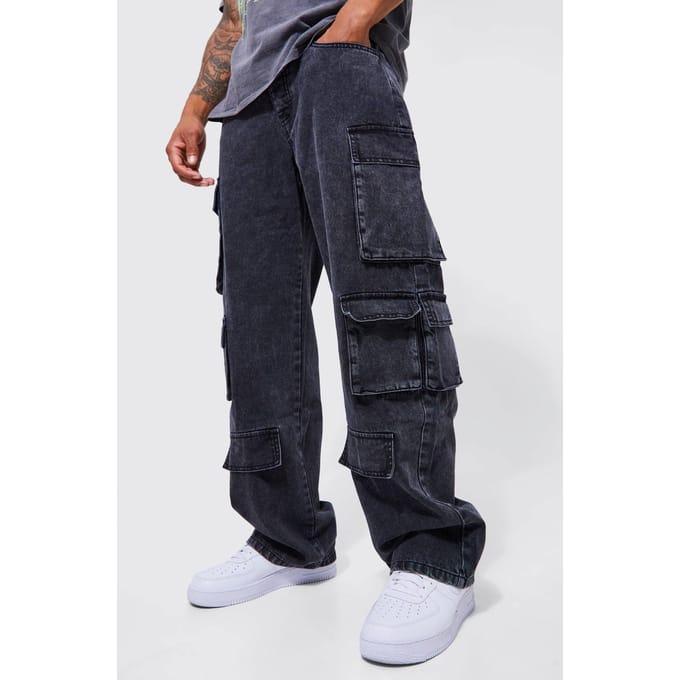 Relaxed Fit Acid Wash Cargo Jeans | Charcoal | Size 30R
