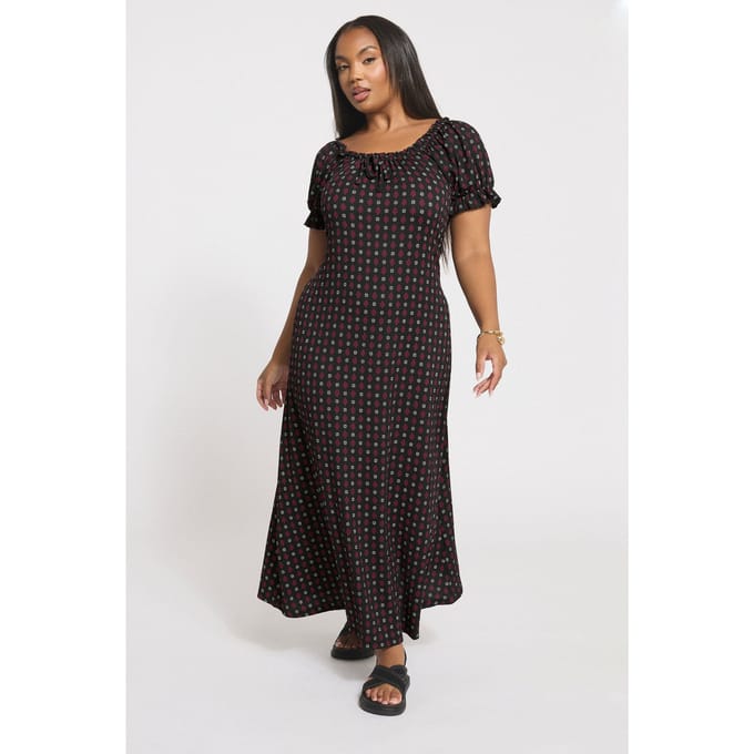 Yours Zwarte Ditsy Textuur Melkmeisjesjurk Size 42