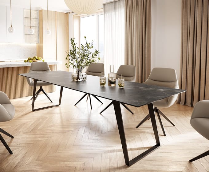 Eettafel Edge keramiek Laminam® Noir Desir bruin 300x100 metaal schuin zwart
