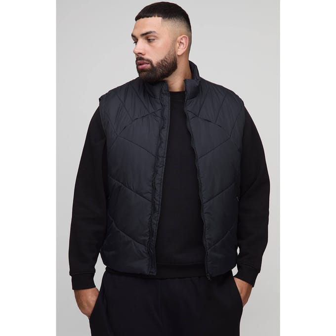 Plus Abstract Gequilt Funnel Neck Gilet in Zwart | Black | Size 2XL