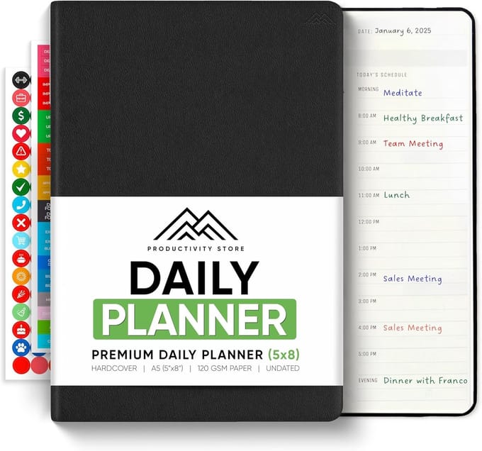 Dagelijkse Planner 2025 - Workflow Planner - Doelen Bereiken - Uurplanning & Takenlijst - A5 Formaat - Zwart