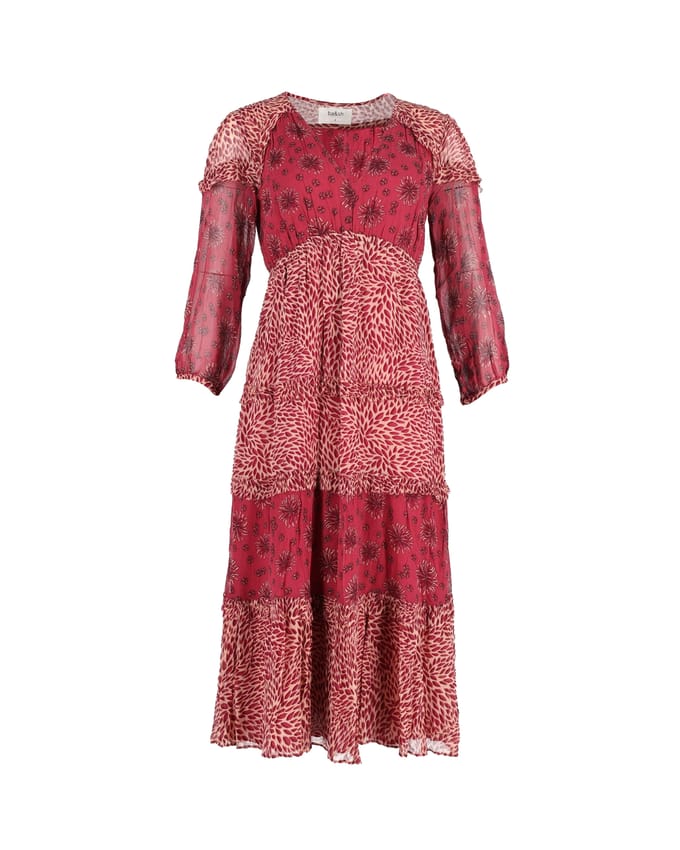 Ba&sh Gypsie midi-jurk met gemengde print in bordeauxrode viscose