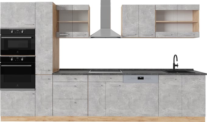 Vicco R-Line Complete keuken – 350 cm, WB Antraciet Beton/gouden eik