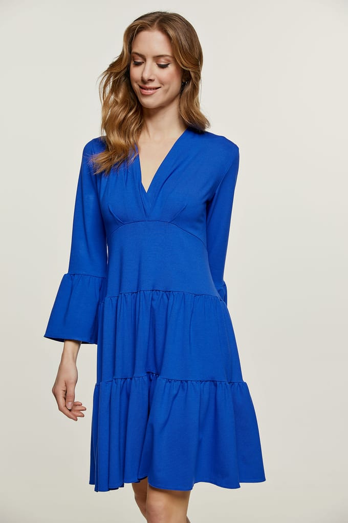 Blauwe Royal jersey jurk met ruches