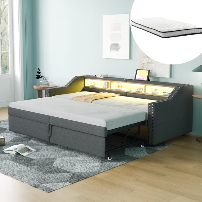 MODFU Bedframe 90/180x200 cm, gestoffeerd in donkergrijs, uitschuifbaar met lattenbodem