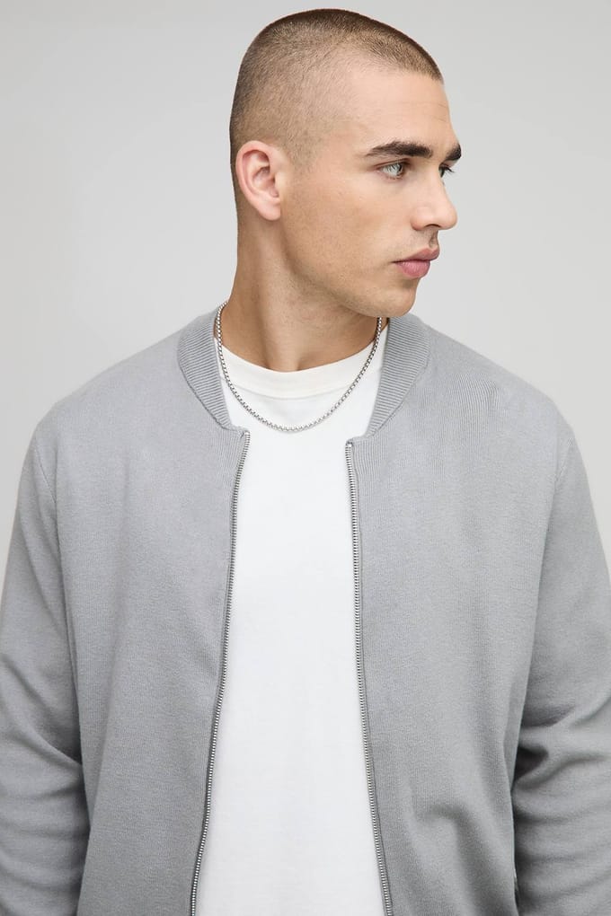Regular Fit Smart Knitted Bomber Jacket | Grey | Size Small