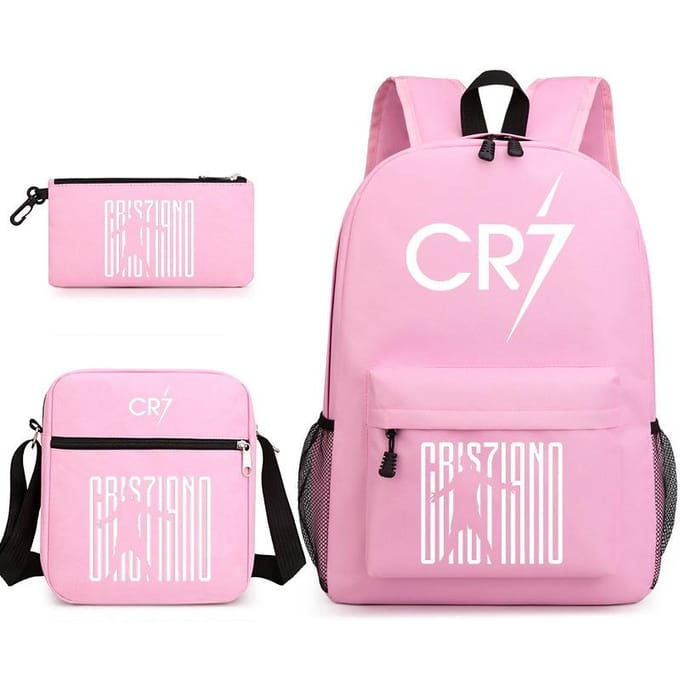 Cartable grande capacité avec bandoulière; set de trousse à crayons trois pièces pour étudiant Cristiano ronaldo backpack rose