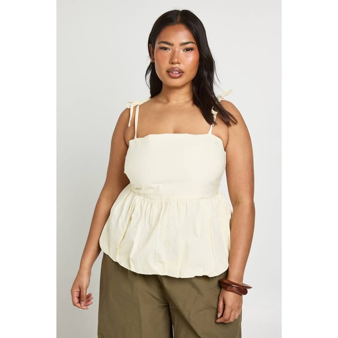 boohoo Dames Plus Katoenen Popeline Pofbal Smock Top | Citroen | Maat: 44