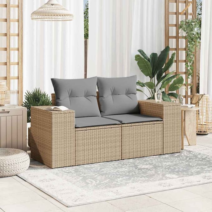vidaXL - Tuinbank - 2-zits - met - kussens - poly - rattan - beige