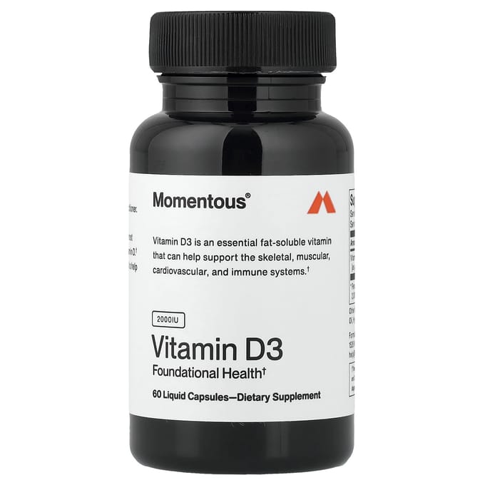 Momentous, Vitamine D3, 50mg (2 000 UI), Capsules Liquides, 60 Comprimés