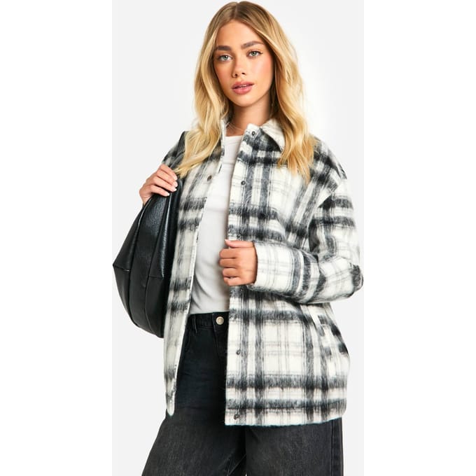 boohoo Dames Check Wool Look Shacket | Black | Maat: 10