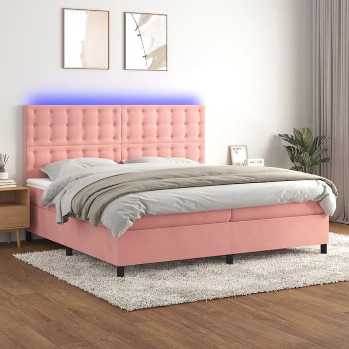 vidaXL - Boxspring - met - matras - en - LED - fluweel - roze - 200x200 - cm
