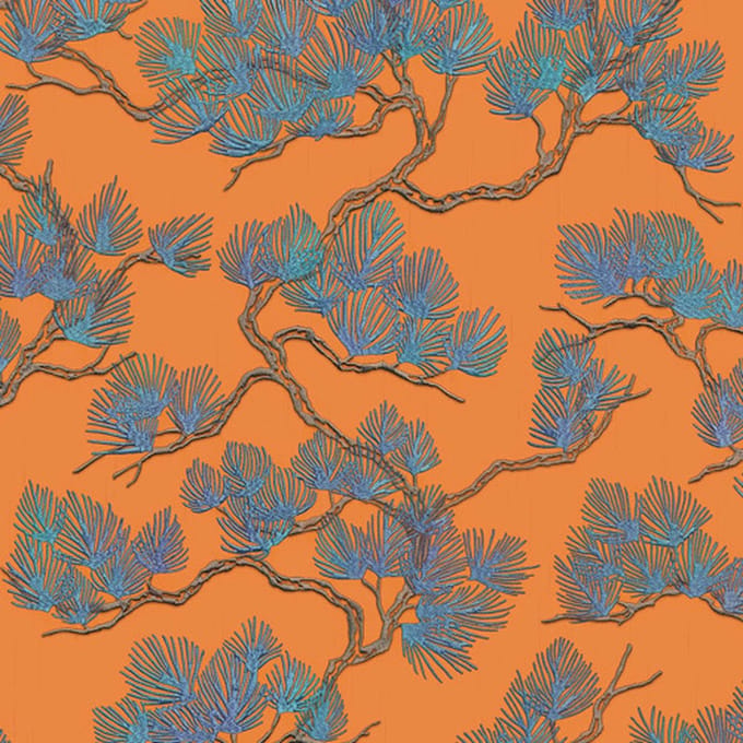 DUTCH - WALLCOVERINGS - Behang - Pine - Tree - blauw - en - oranje