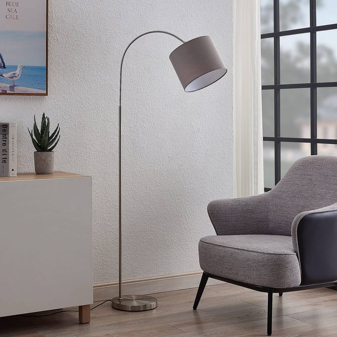 Lindby - booglamp - 1licht - IJzer, textiel - H: 150.2 cm - E27 - satijnnikkel, grijs
