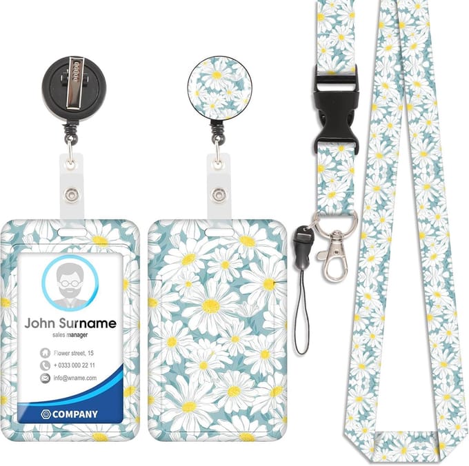 Kaarthouder Lanyard - ID Badge Houder - Veilig Identificeren - Afneembare Clip - Witte Chrysanten