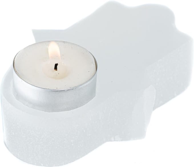 Waxinelichthouder Edelsteen Seleniet Hamsa Hand ca 350 gram