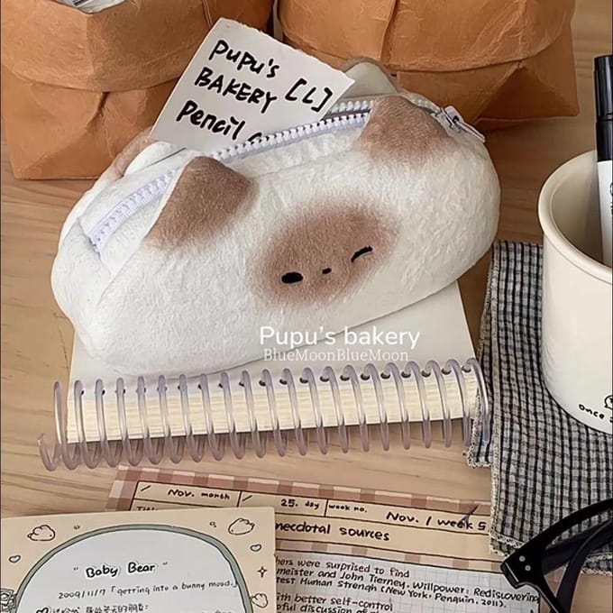 Schattig Frans Geroosterd Pennenzak Pluche Grote Capaciteit Studenten Etui Multifunctioneel Grappig Opbergtas Organizer voor Schrijfwaren wit