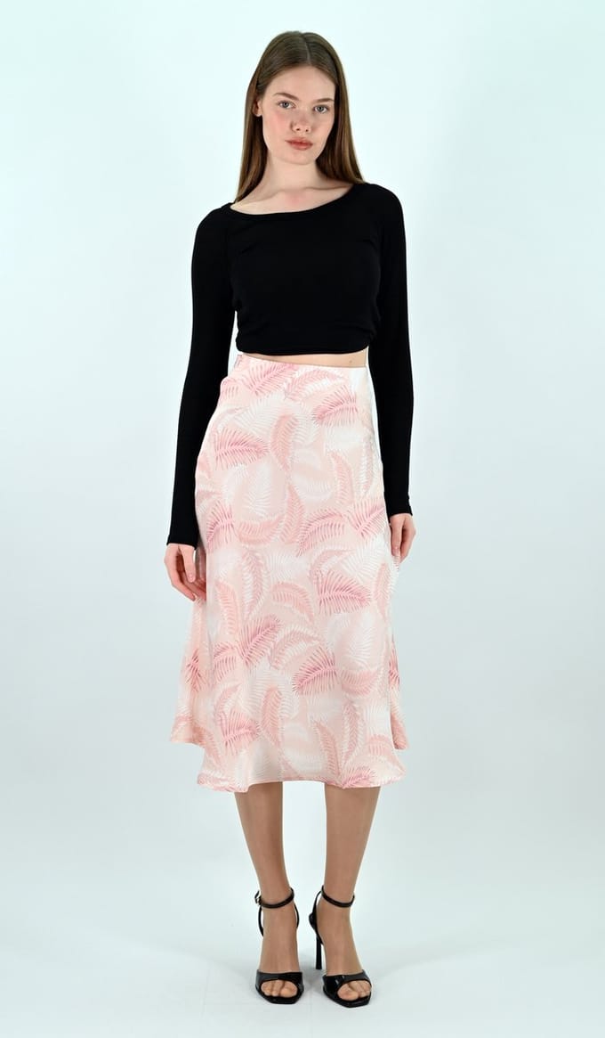 YesMooi - Satijnen Midirok - Lichtroze - Palmprint - M (38)