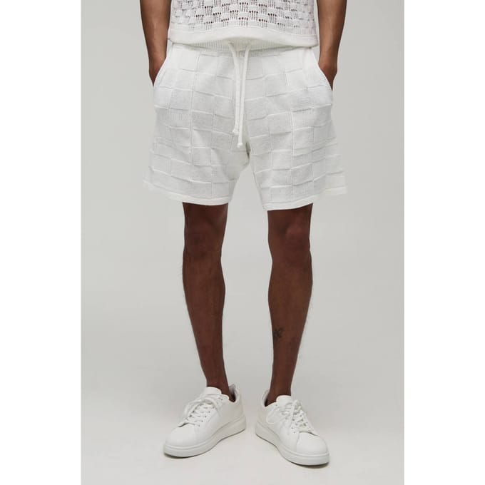 Ontspannen Gebreide Short Met Dambordpatroon | Ecru | Size Medium